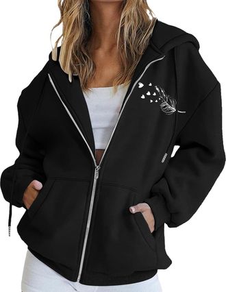 Generic Womens Letter Print Full-Zip Hooded Sweatshirt - Casual Comfort Pullover, Drawstring Hem Hoodie Design, Relaxed Weekend Style Essential for Urban Ladi