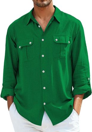 Generic Two Pocket Shirt Men Classic Shirts For Men Long Sleeve Cargo Shirt Cotton Work Shirts With 2 Pockets Casual Button Down Workwear Classic Fit Versatil