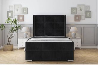Sloomy Beaumont Naples Frame-Mattress-50 Upholstered Wingback Headboard in Black | Size: Double