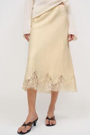 Reformation Carolina Lace Trim Linen Midi Skirt in Sugar at Nordstrom, Size X-Large