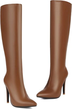 Generic Brown,4.5 UK,Womens Leather PU Knee High Boots Side Zipper Pointed Toe Comfy Stiletto Heels Tall Boot Fall Winter Dress Shoes