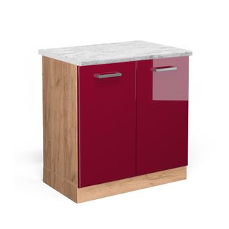 Vicco Armario Bajo Para Fregadero R-line, Rojo Burdeos Alto Brillo, 80 Cm Et M&aacute;rmol Vicco