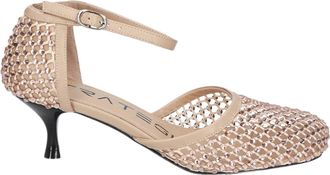 Strategia Perforated Fabric Ankle Strap Pumps With Rhinestone Embellishments