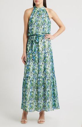 Julia Jordan Floral Mock Neck Tiered Maxi Dress in Green Multi at Nordstrom, Size 14