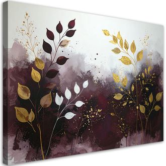 Feeby Cuadro Sobre Lienzo, Abstracci&oacute;n Burdeos De Hojas Plantas Y Naturaleza, 100x70
