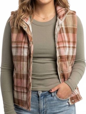 Staccato Zipper Front Plaid Vest In Blush