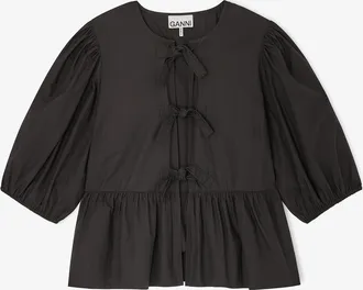 Ganni Black Cotton Poplin Peplum Tie Blouse - Size 10/12 Organic