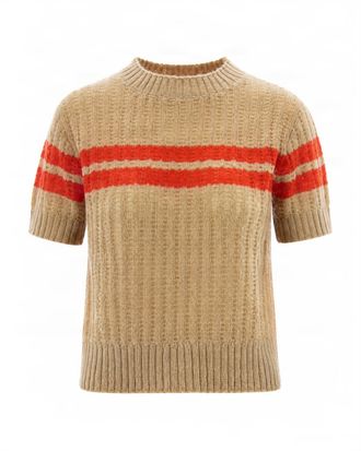 Patrizia Pepe Ribbed Knit Sweater with Horizontal Stripes and Crew Neckline