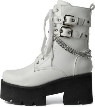 Generic Women Gothic Chain Ankle Boots, Chunky Heel Punk Shoes with Metal Accents for Casual Style,White,12 UK