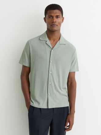 Reiss Mint Green Jacquard Cuban-collar Shirt, Xxl