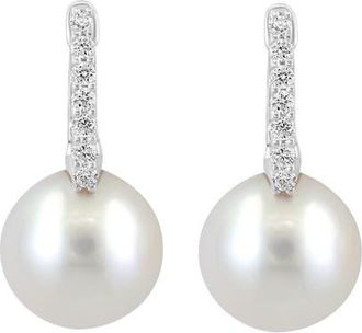 Effy 14K White Gold Diamond Fresh Water Pearl Dangle Hoop Earrings in 14K Gold at Nordstrom
