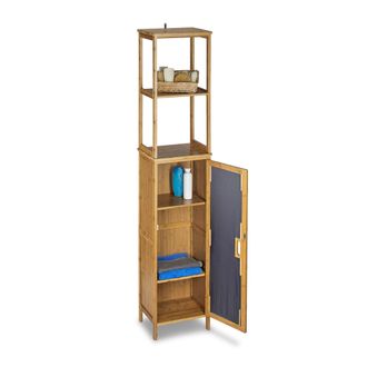 Relaxdays Relaxdays - Estanter&iacute;a Ba&ntilde;o, Bamb&uacute;, 5 Baldas, Armario De Pie, Puerta, 170x33,5x28 Cm, Mueble Organizador, Marr&oacute;n Natural
