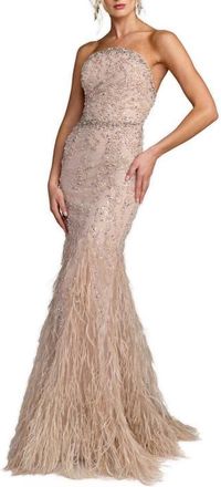 Mac Duggal Strapless Beaded Net Trumpet Gown With Feathers in Champagne at Nordstrom, Size 10