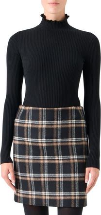 Akris Ruffle Mock Neck Rib Wool Sweater in Black at Nordstrom, Size 12