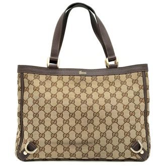 Gucci Beige Dark Brown Gg Canvas Leather Tote Bag (Pre-Owned)