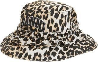 Ganni Washed Organic Cotton Canvas Bucket Hat in Leopard at Nordstrom, Size Medium