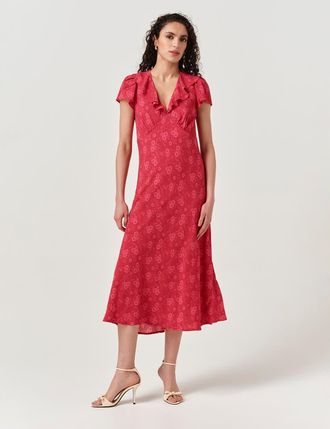 Ghost London Kimmy Floral Frill Neck Crepe Midi Dress in Pink Dotty Floral at Nordstrom, Size 14