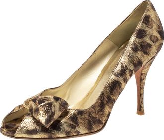 Stuart Weitzman Metallic Lam&eacute; Fabric Leopard Print Bow Peep Toe Pumps