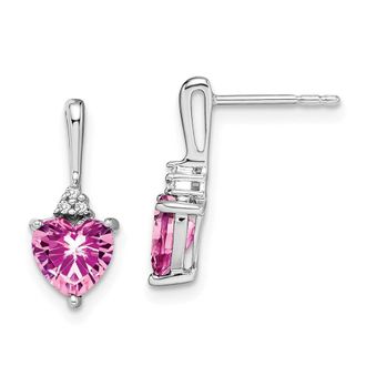 Diamond2Deal 14k White Gold Created Pink Sapphire and Diamond Heart Earrings