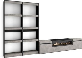 Skraut Home Skraut Home - Muebles De Sal&oacute;n Para Tv, Conjunto De Muebles Comedor, 320x186x35cm, Para Tv Hasta 80, Chimenea El&eacute;ctrica, Estilo Moderno, Roble Y Negro