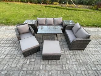 Fimous 8 PCS Outdoor Lounge Sofa Set Wicker PE Rattan Garden Furniture Set with Rectangular Dining Table Armchair 2 Big Footstool 2 Side Tables