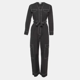 Ganni Ganni Black Cotton Blend Contrast Stitch Detail Belted Jumpsuit
