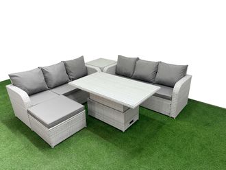 Fimous Outdoor Garden Furniture Sets 7 Seater Wicker Rattan Furniture Sofa Sets w/ Adjustable Lifting Dining or Coffee Table high Back Lounge Sofa