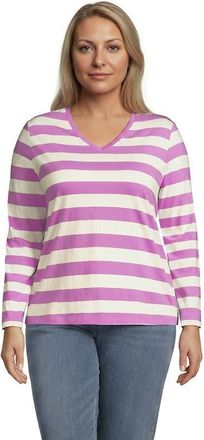 Lands End Supima Cotton Long Sleeve V-Neck T-Shirt in Ivory/aster Pink Bold Stripe at Nordstrom, Size 1X