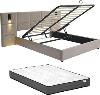 Vente-Unique Canap&eacute; abatible de 160 x 200 cm con cabecero y l&aacute;mpara integrada - Terciopelo - Topo + Colch&oacute;n - SARETO