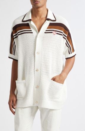 Casablanca Tennis Stripe Short Sleeve Crochet Button-Up Shirt in Cotton at Nordstrom, Size Xx-Large