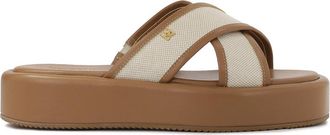 Kazar Bruine slippers in leer en canvas stof - Dames - Sandalen - Bruin - 40 EU - Leer - Schoenen