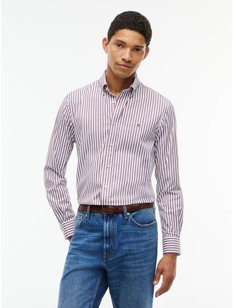 Tommy Hilfiger Mens Regular Fit Striped TH Performance Shirt - Burgundy Stripe - XXL