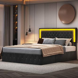 OEM Cama De Adulto 160x200 Cm - 231220dzw - Led Integrada - Cofre Hidr&aacute;ulico - Terciopelo Negro