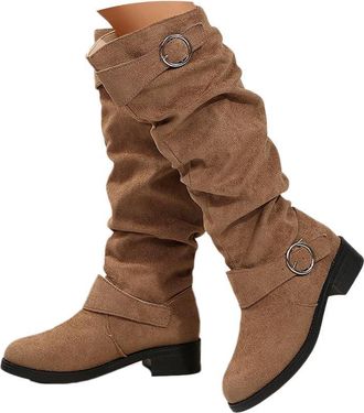 Generic Wedge Boots for Women Uk Slouchy Knee High Boots for Women Uk,Low Chunky Heel Boot With Side Zipper Round Toe Booties Ladies Casual Suede Shoes Winter
