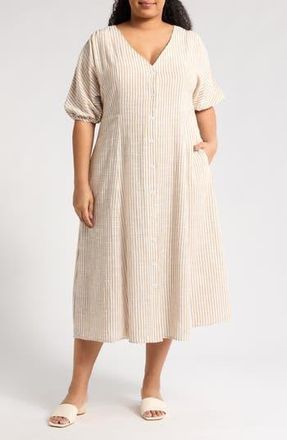 Max Studio Yarn Dye Puff Sleeve Maxi Dress in Beige/Off White Awning Stripe at Nordstrom Rack, Size 2X
