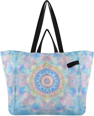 Generic Mandala Blue print Reusable Canvas Tote Bag, Heavy Duty Grocery Shopping Bag with Large Capacity Double Handles Hard Bottom Work Groceries Travel