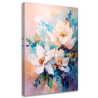 Feeby Cuadro Sobre Lienzo Flores Brillantes En Tonos Pastel Con Hojas Turquesa 80x120