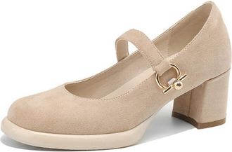 Generic Womens Vintage Square Toe Mary Jane Shoes Suede Upper Mid Chunky Block Heels Buckle Strap Soft Insole Comfortable Daily Office Work Shoes,Apricot,3.5 