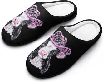 Generic Cute Cow Leopard Sequin Hat Mens House Slippers Memory Foam Washable Cotton Slip on Home Shoes