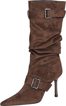 Generic High Boots Women Sexy Pointed Toe Fashion Pleats Slouch Long Tall Boots 9CM Faux Suede Work Office (Brown,3.5)