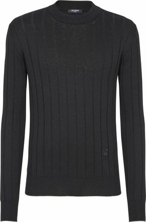 Balmain Zijde en katoenen gebreide PB trui - Heren - Ronde hals truien - Zwart - 2XL - Katoen - Truien & Vesten