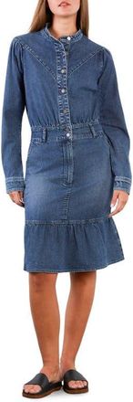 Wash Lab Denim For A Stroll Ruffle Hem Long Sleeve Denim Dress in Camp Blue at Nordstrom, Size X-Small