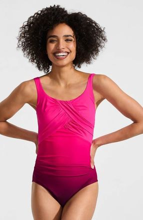 Lands End D-Cup Slender Carmela Tummy Control Chlorine Resistant Scoop Neck One Piece Swimsuit in Riviera Rose Ombre at Nordstrom, Size 12