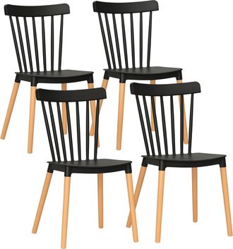 HOMCOM Juego De 4 Sillas De Estilo Escandinavo Con Respaldo Alto, Asientos De Polipropileno, Patas De Haya, 48 X 52,5 X 83 Cm, Color Negro