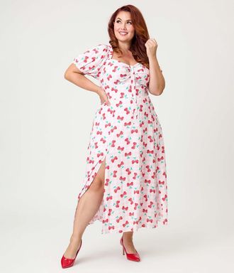 Unique Vintage Plus Size Sweetheart Midi Dress in Pink Gingham W/cherries at Nordstrom, Size 2X