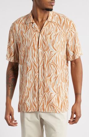 Open Edit Zebra Print Camp Shirt in Beige Linear Zebra at Nordstrom, Size X-Small