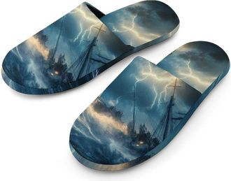 Generic Lighthouse Wave Boat Ship Thunder Flannel Mens Slip-on Slippers Winter Warm House Shoes with Rubber Sole for Home Hotel