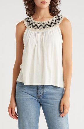 Lucky Brand Embroidered Round Neck Cotton Tank in Tofu at Nordstrom Rack, Size X-Large