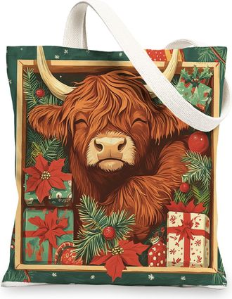 Generic Christmas Highland Cow Canvas Tote Bag for Shopping 13x15, Fun Xmas Tree Balls Scenic Reusable Grocery Print Bag for Women, Holiday New Year Beach Aes