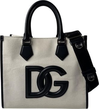 Dolce & Gabbana Black Ivory Canvas Leather Shoulder Bag Tote Bag (Pre-Owned)